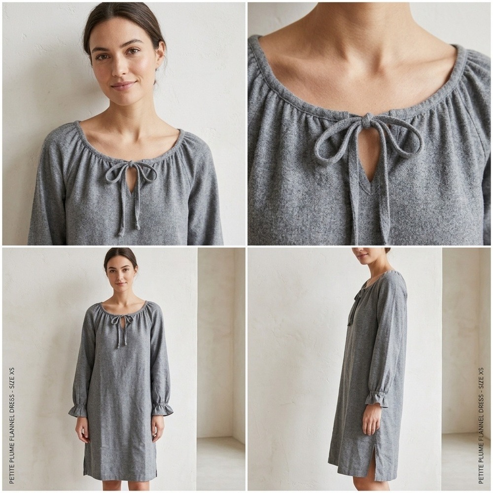 Petite Plume Flannel Dress Women XS Grey Excellent Ruffle Tie Nightshirt